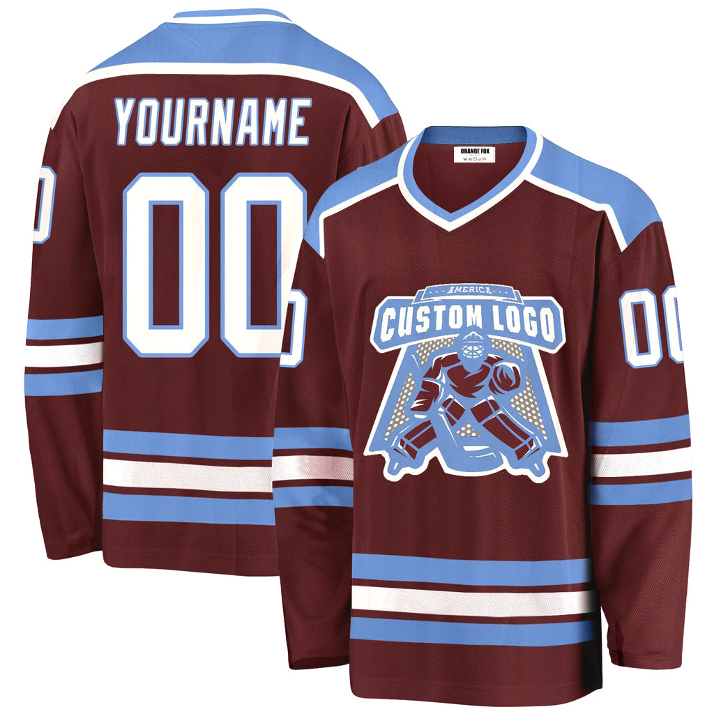 Custom Burgundy White-Light Blue V Neck Hockey Jersey For Men & Women