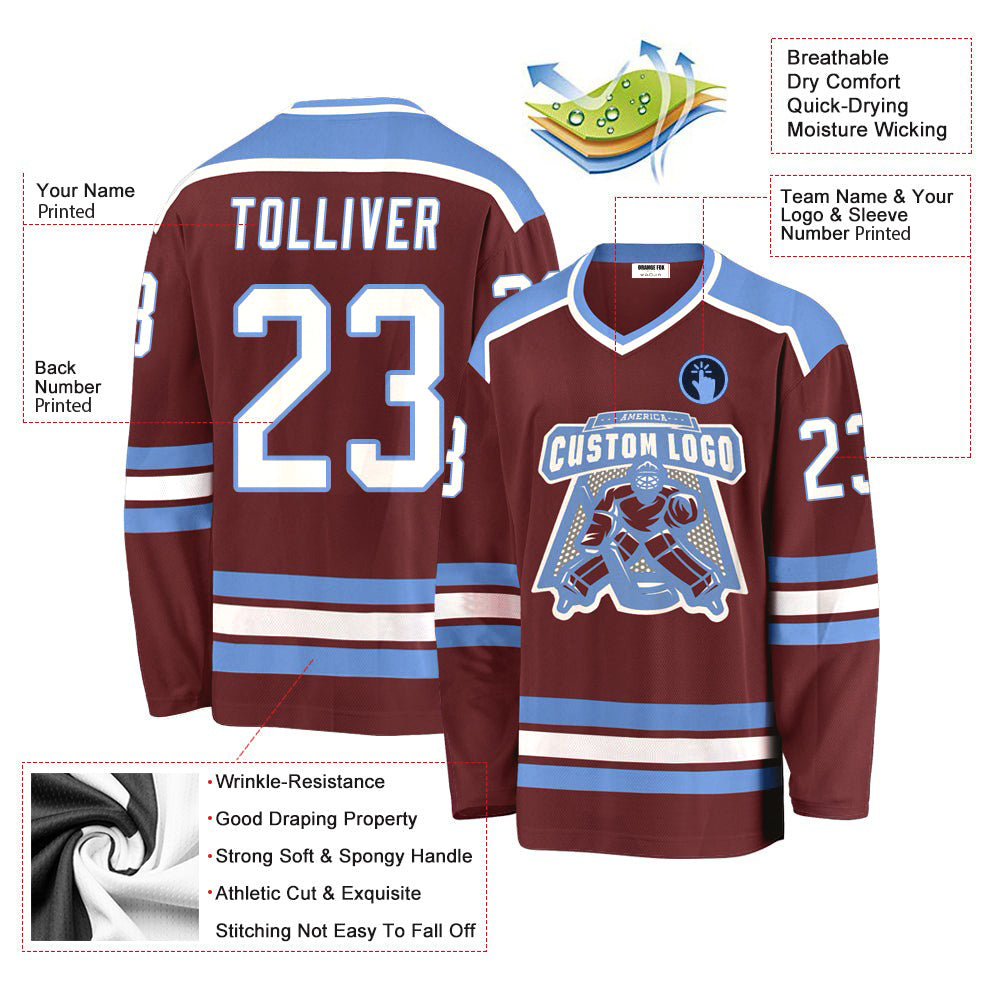 Custom Burgundy White-Light Blue V Neck Hockey Jersey For Men & Women