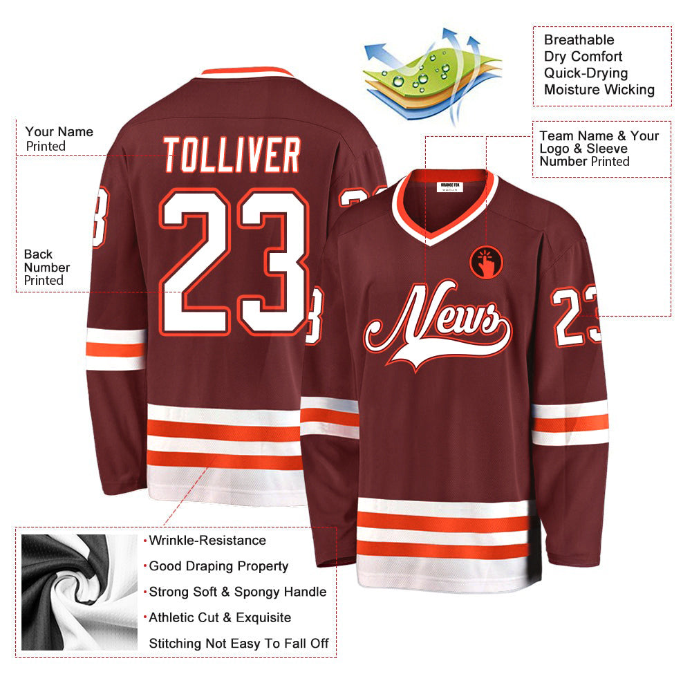 Custom Burgundy White-Orange V Neck Hockey Jersey For Men & Women