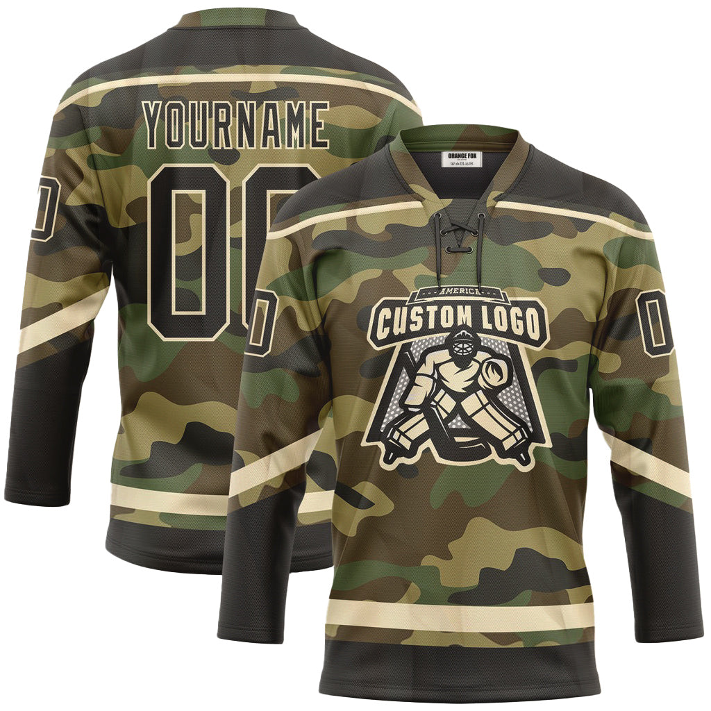 Custom Camo Black-Cream Salute To Service Neck Hockey Jersey For Men & Women