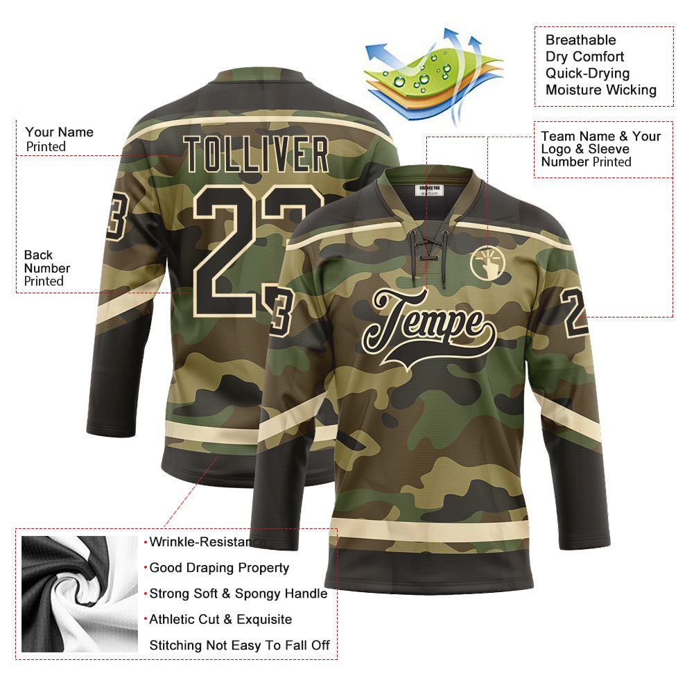 Custom Camo Black-Cream Salute To Service Neck Hockey Jersey For Men & Women