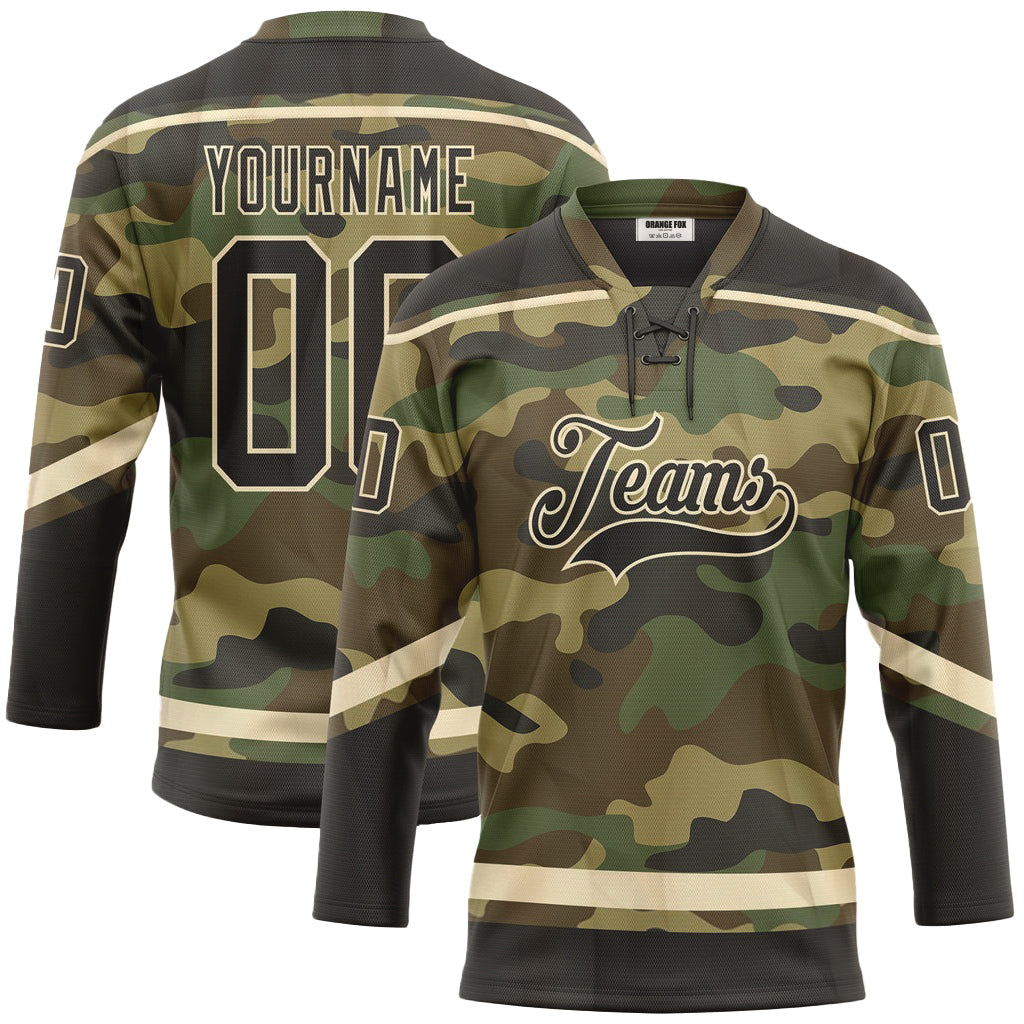 Custom Camo Black-Cream Salute To Service Neck Hockey Jersey For Men & Women