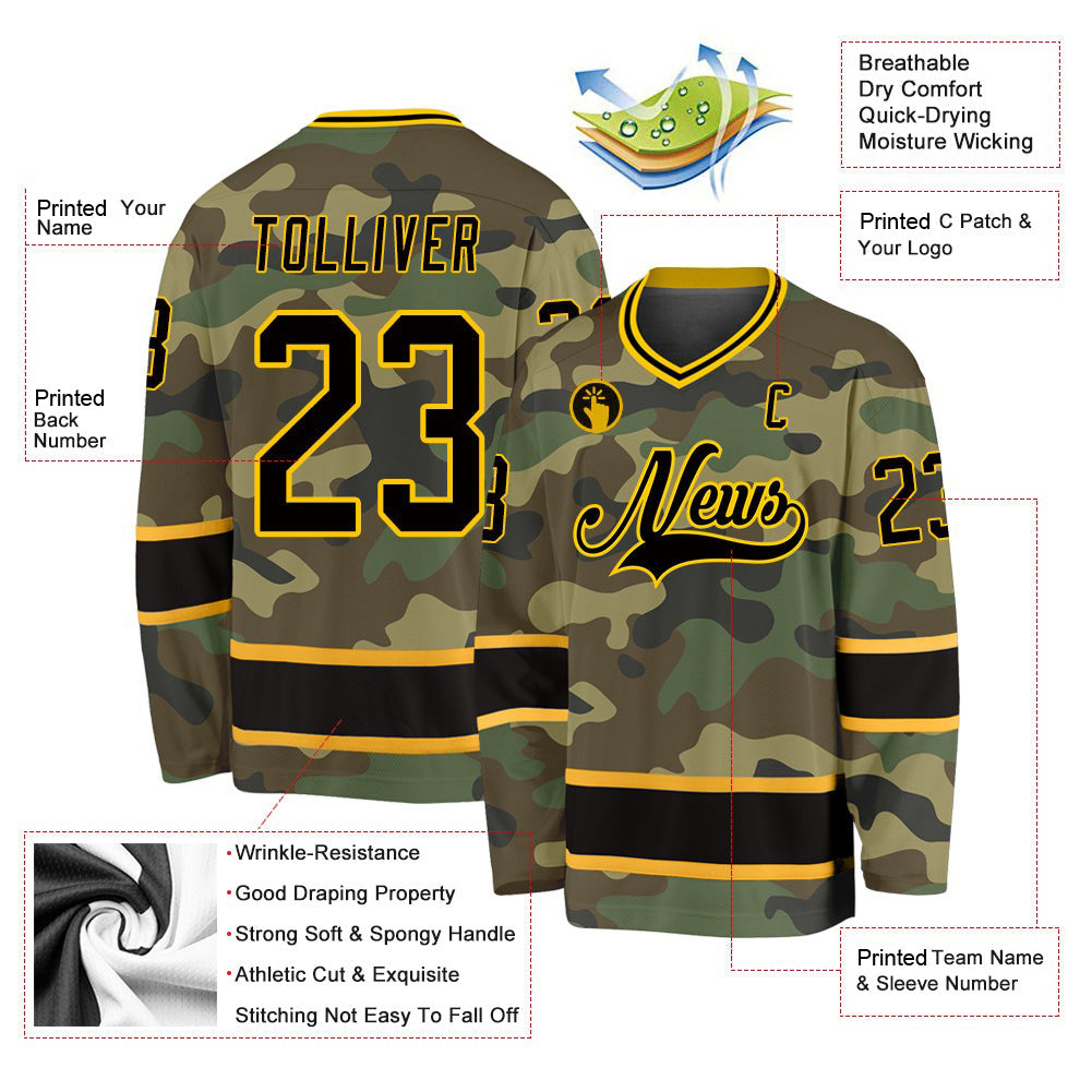 Custom Camo Black-Gold Salute To Service V Neck Hockey Jersey For Men & Women