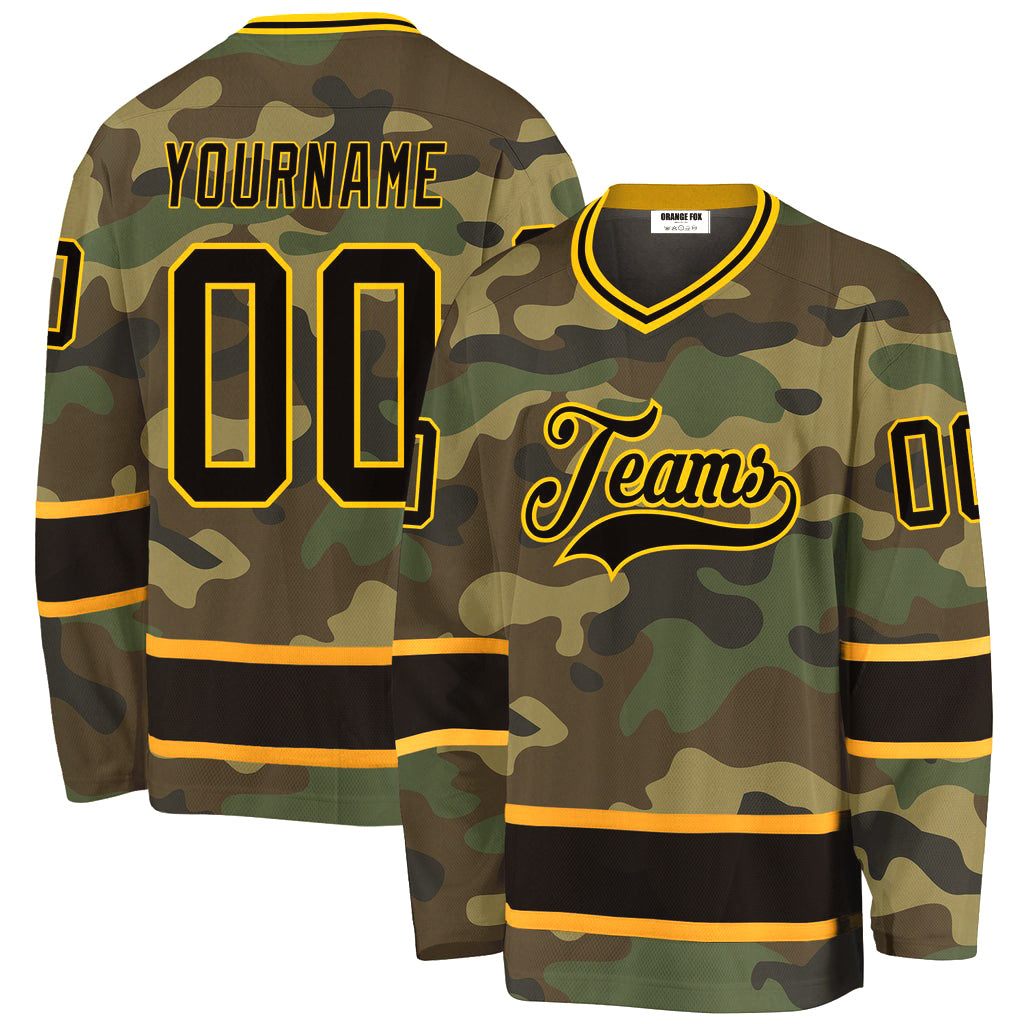 Custom Camo Black-Gold Salute To Service V Neck Hockey Jersey For Men & Women