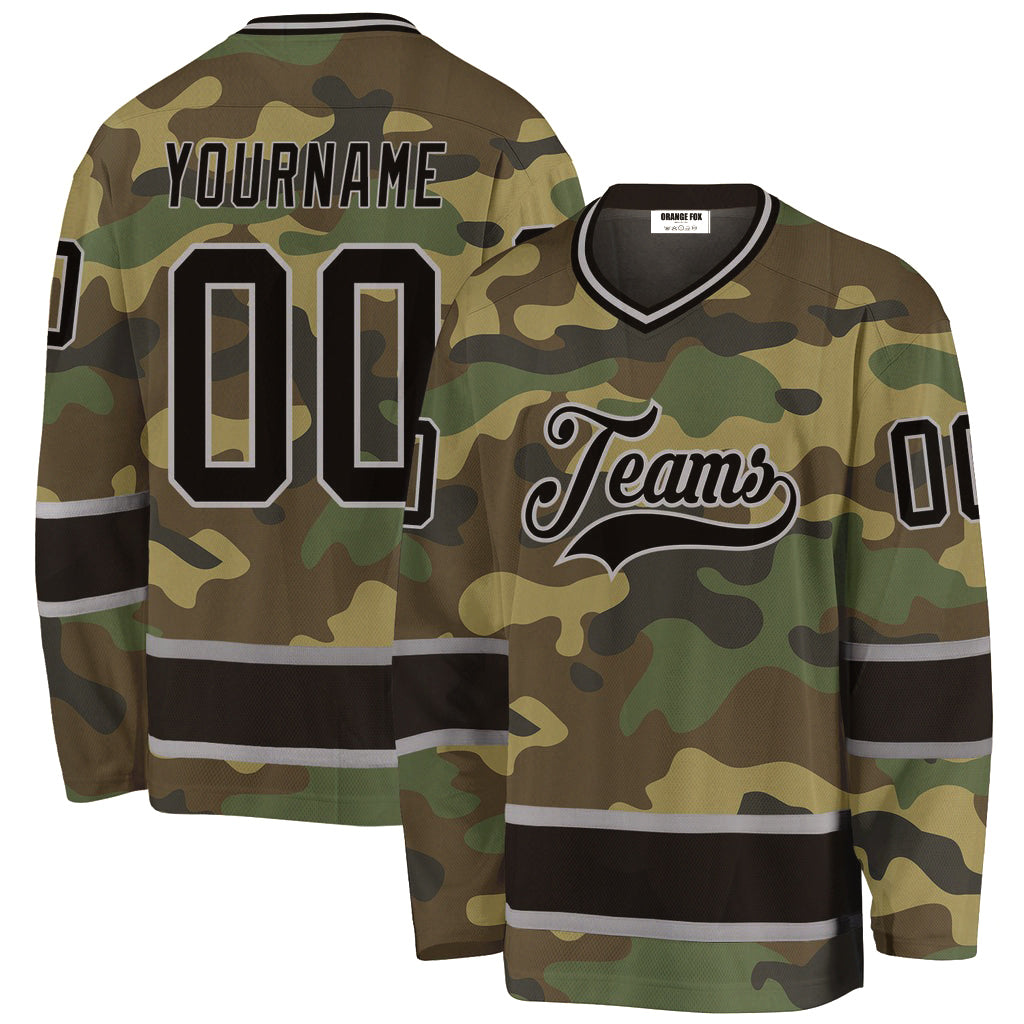 Custom Camo Black-Gray Salute To Service V Neck Hockey Jersey For Men & Women