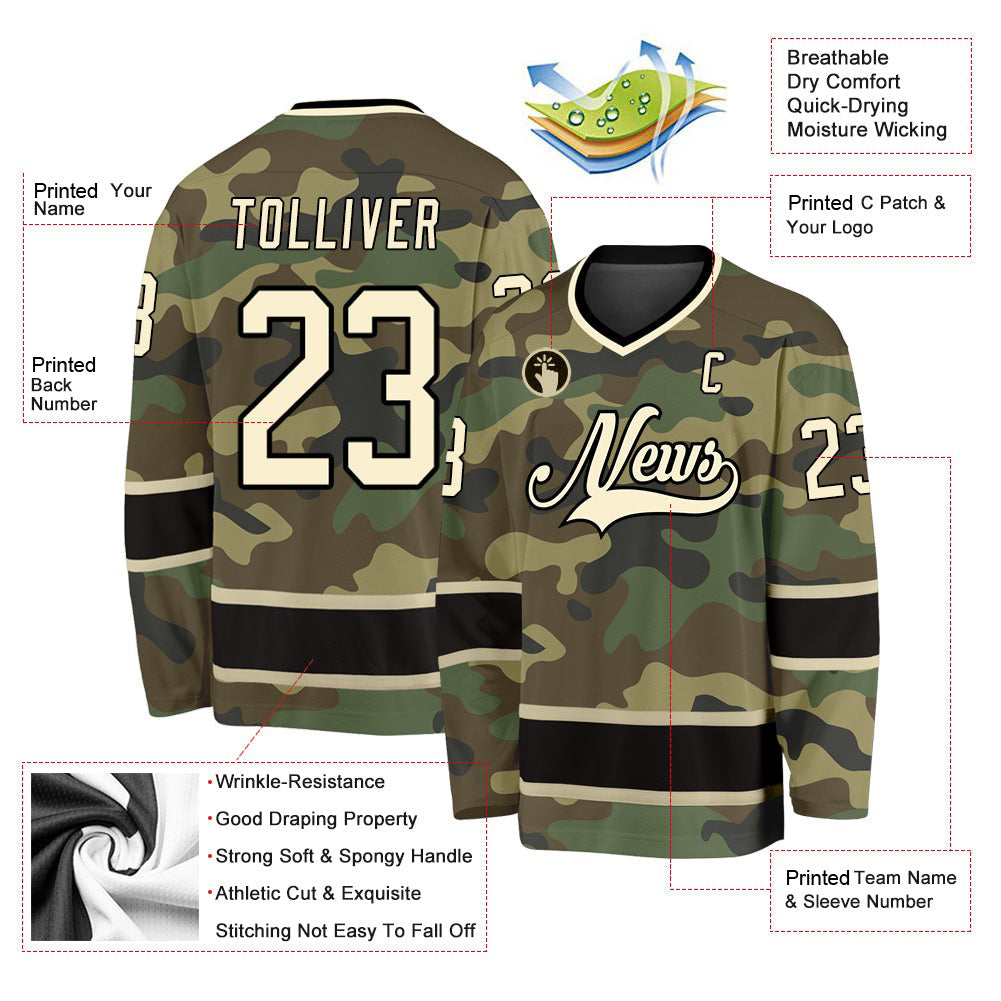 Custom Camo Cream-Black Salute To Service V Neck Hockey Jersey For Men & Women