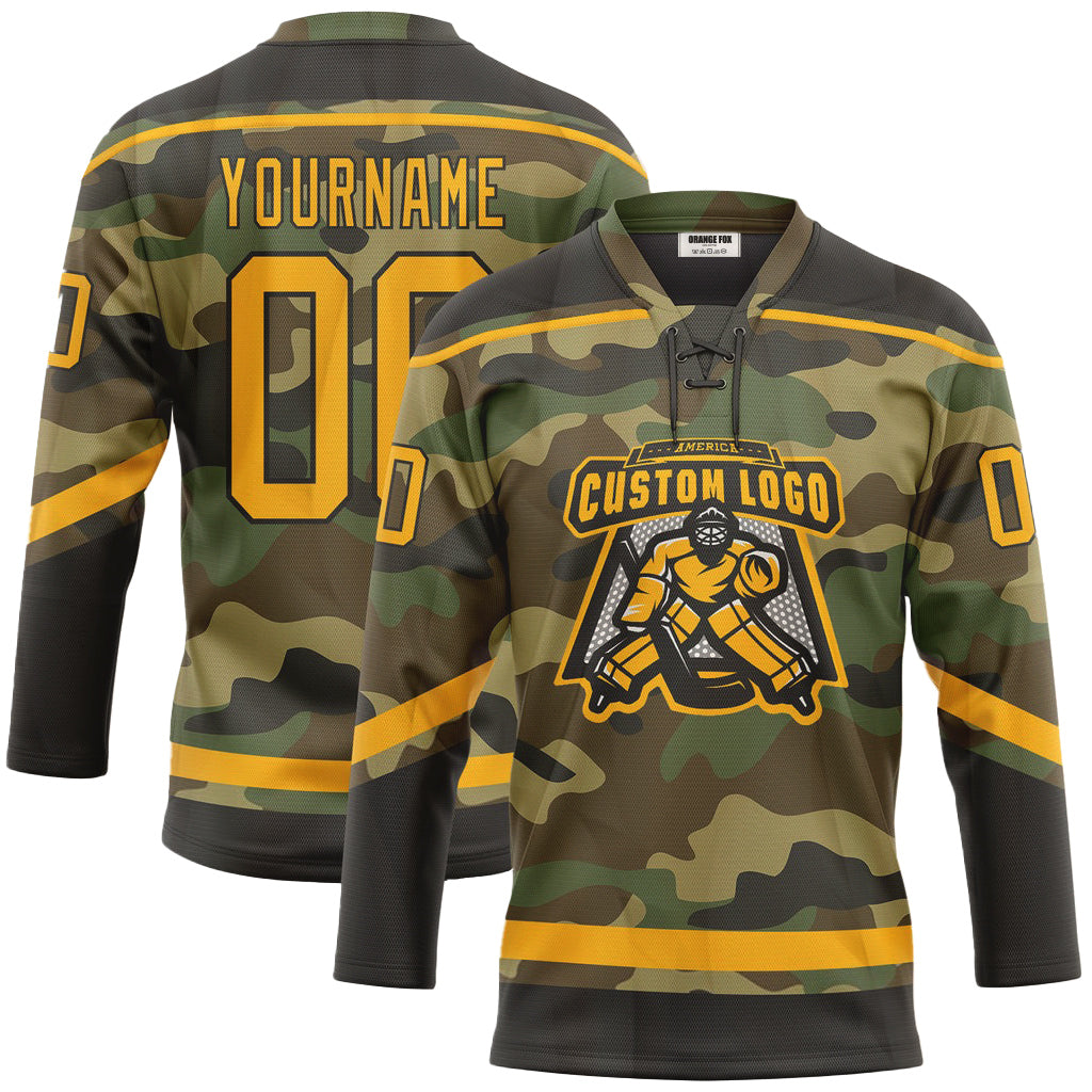 Custom Camo Gold-Black Salute To Service Neck Hockey Jersey For Men & Women