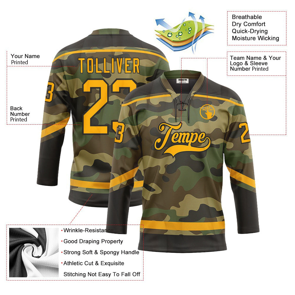 Custom Camo Gold-Black Salute To Service Neck Hockey Jersey For Men & Women