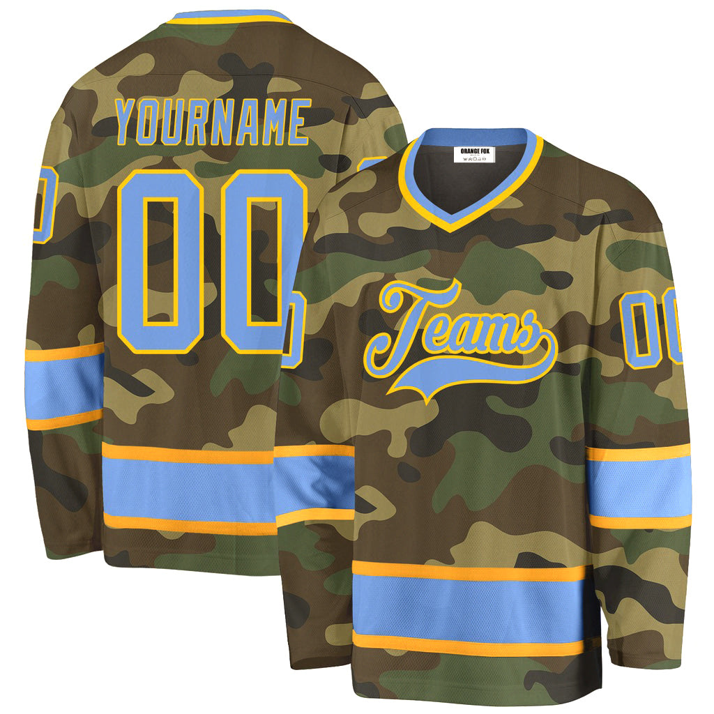 Custom Camo Light Blue-Gold Salute To Service V Neck Hockey Jersey For Men & Women