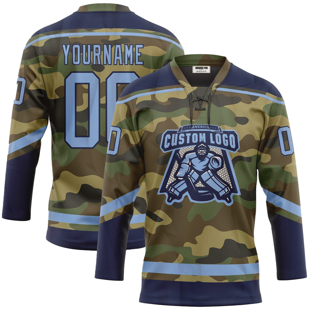 Custom Camo Light Blue-Navy Salute To Service Neck Hockey Jersey For Men & Women