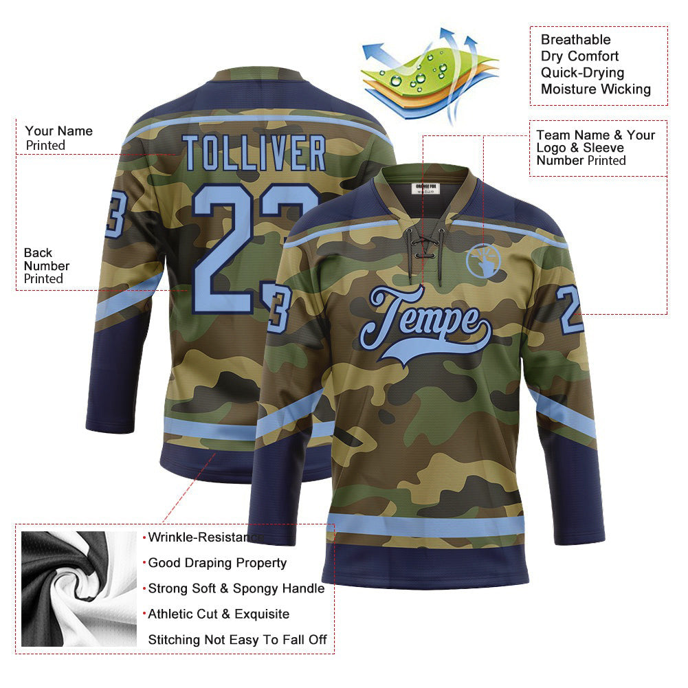 Custom Camo Light Blue-Navy Salute To Service Neck Hockey Jersey For Men & Women