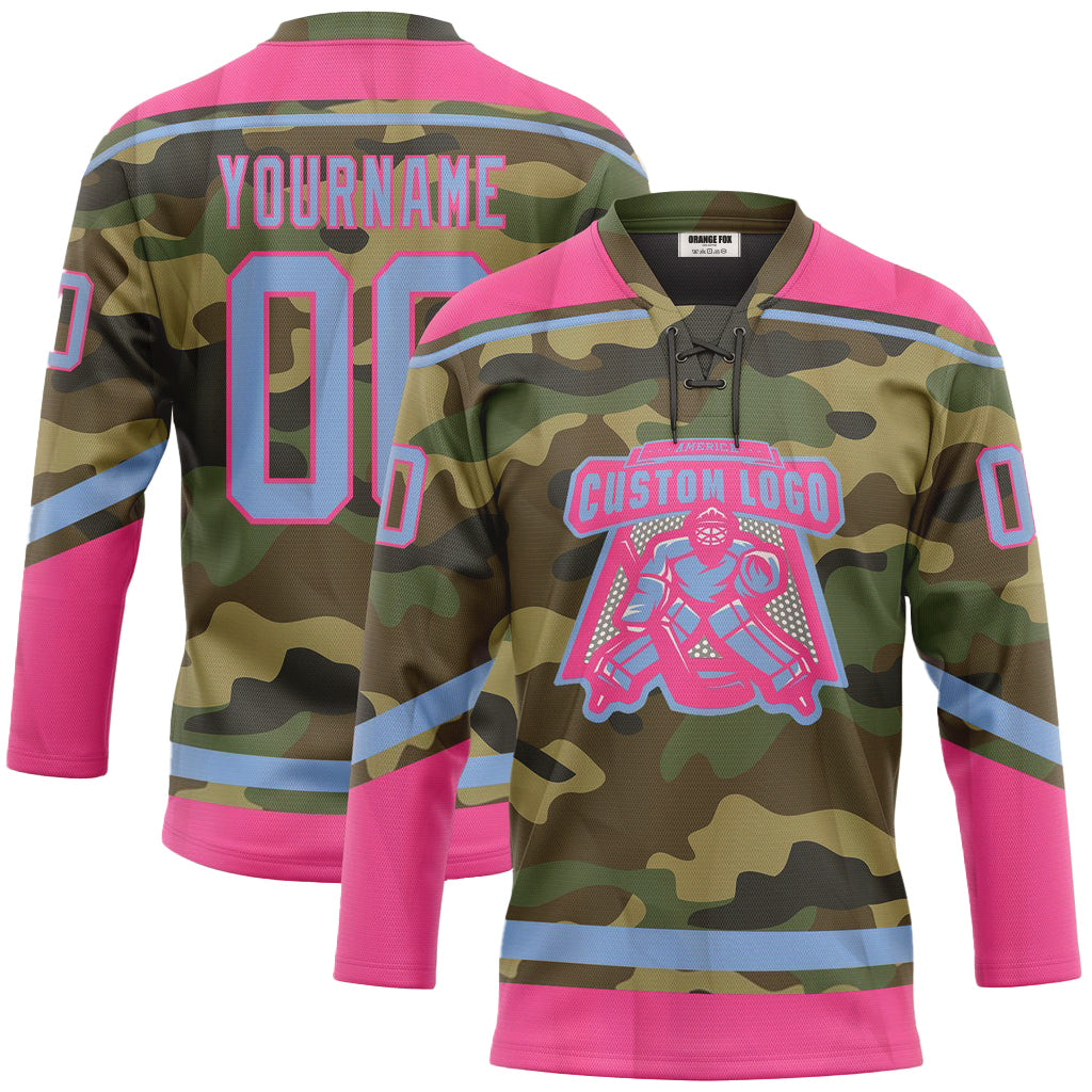 Custom Camo Light Blue-Pink Salute To Service Neck Hockey Jersey For Men & Women