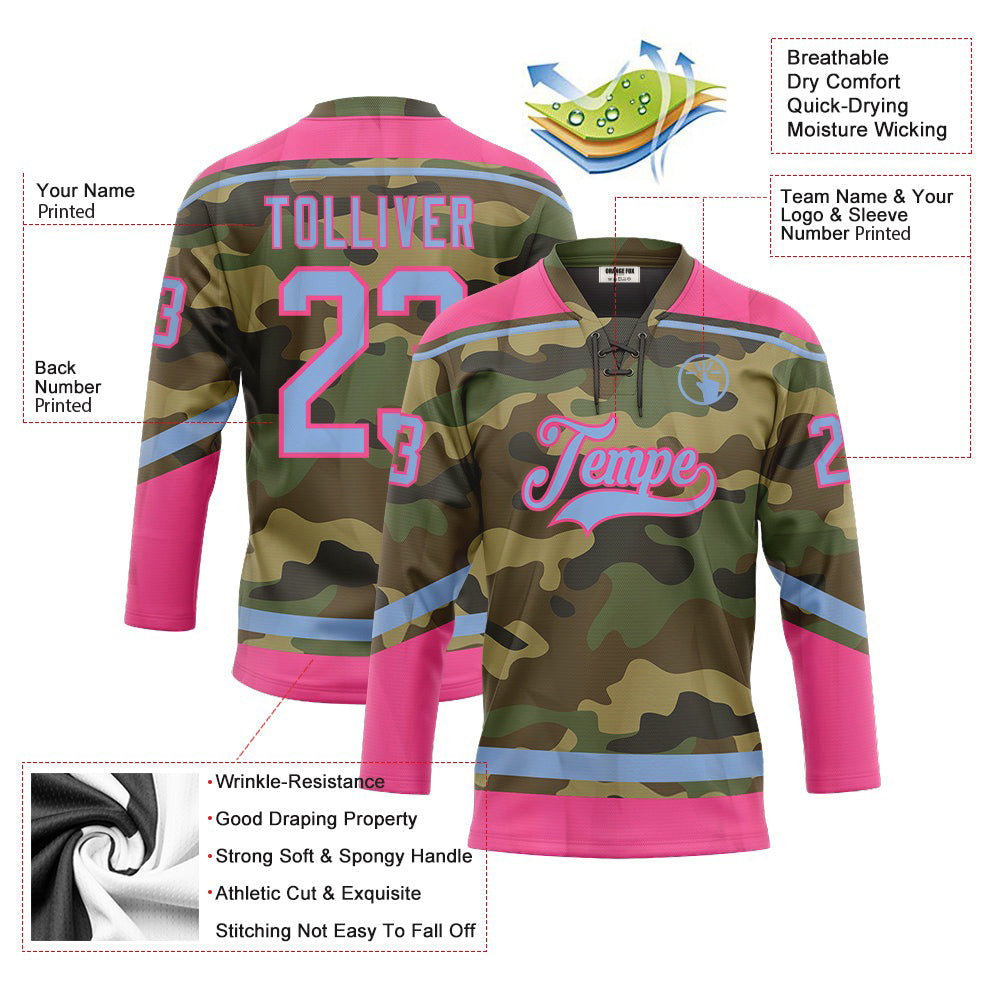 Custom Camo Light Blue-Pink Salute To Service Neck Hockey Jersey For Men & Women