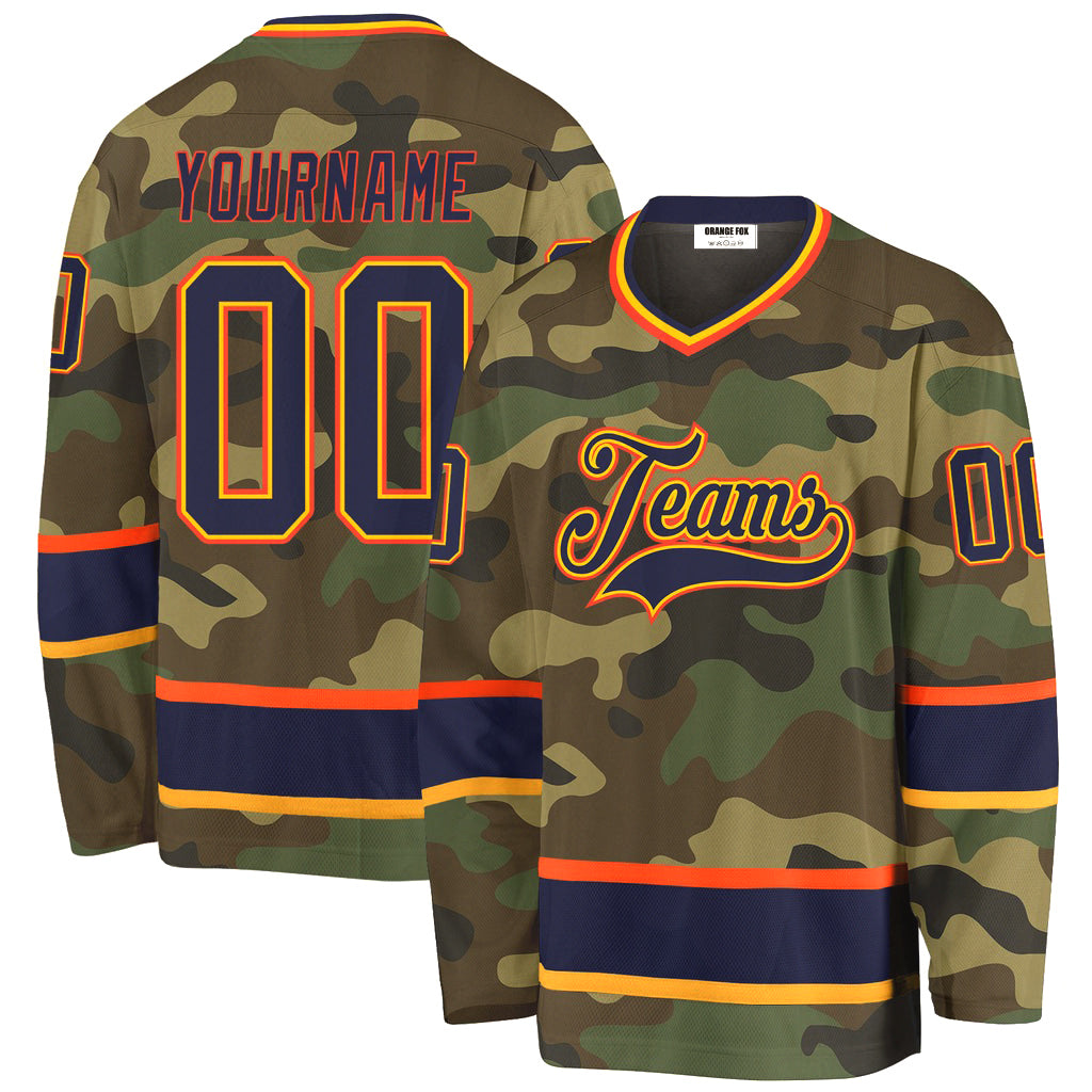 Custom Camo Navy-Orange Salute To Service V Neck Hockey Jersey For Men & Women