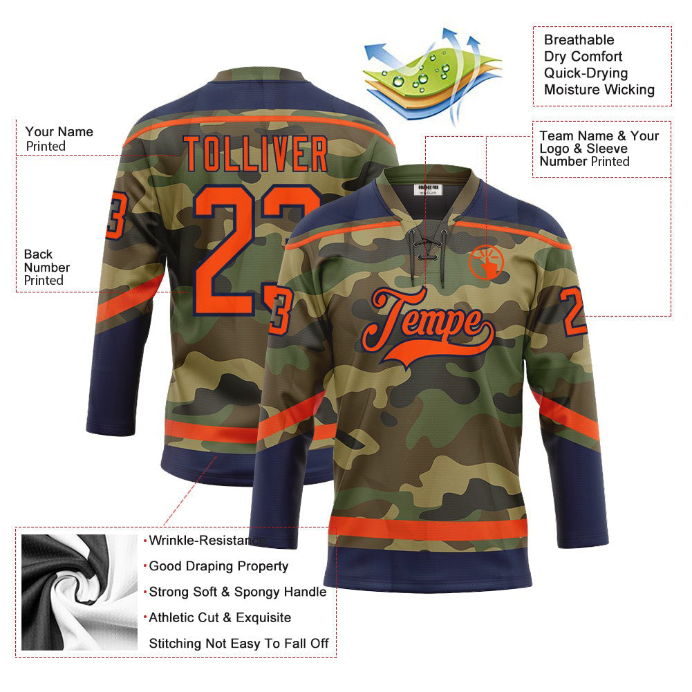 Custom Camo Orange-Navy Salute To Service Neck Hockey Jersey For Men & Women