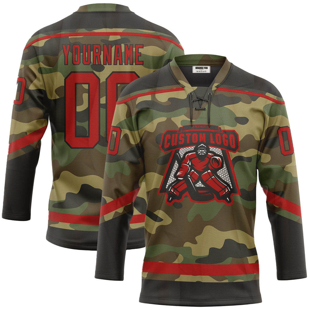 Custom Camo Red-Black Salute To Service Neck Hockey Jersey For Men & Women