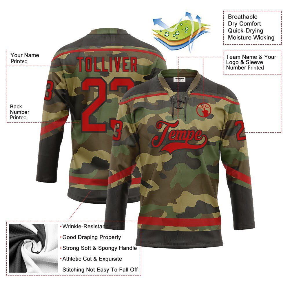 Custom Camo Red-Black Salute To Service Neck Hockey Jersey For Men & Women