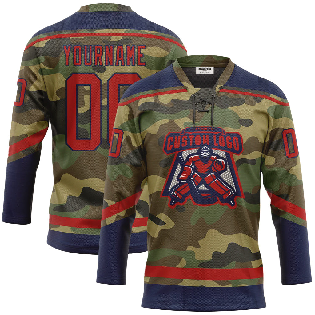 Custom Camo Red-Navy Salute To Service Neck Hockey Jersey For Men & Women