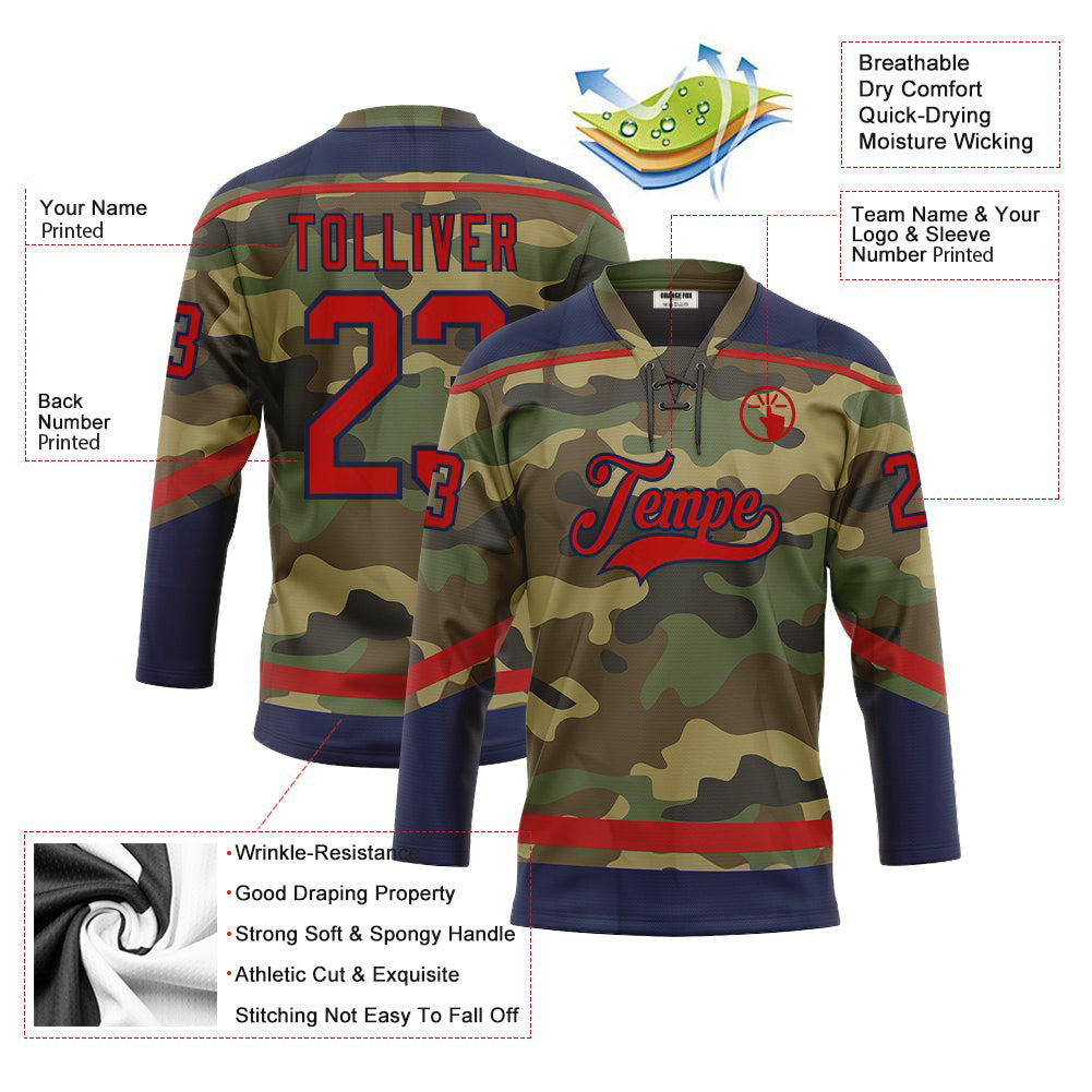 Custom Camo Red-Navy Salute To Service Neck Hockey Jersey For Men & Women