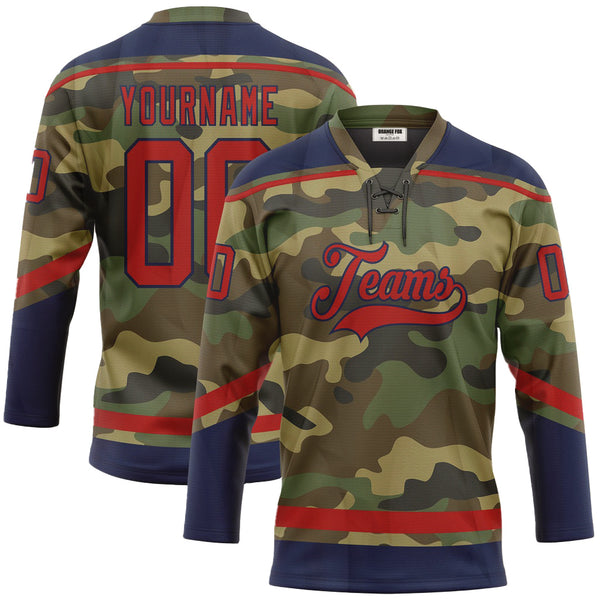 Custom Camo Red-Navy Salute To Service Neck Hockey Jersey For Men & Women