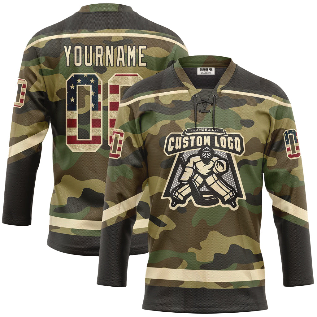 Custom Camo Vintage USA Flag Cream-Black Salute To Service Neck Hockey Jersey For Men & Women