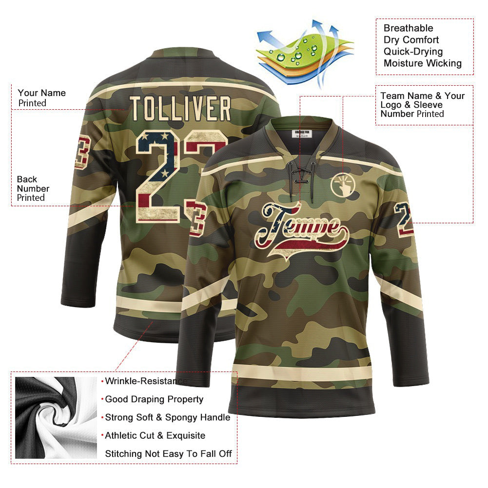 Custom Camo Vintage USA Flag Cream-Black Salute To Service Neck Hockey Jersey For Men & Women