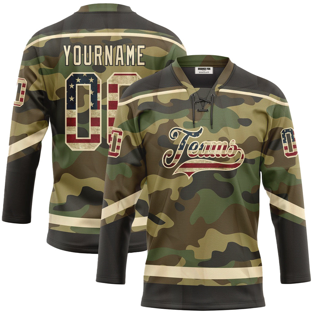 Custom Camo Vintage USA Flag Cream-Black Salute To Service Neck Hockey Jersey For Men & Women