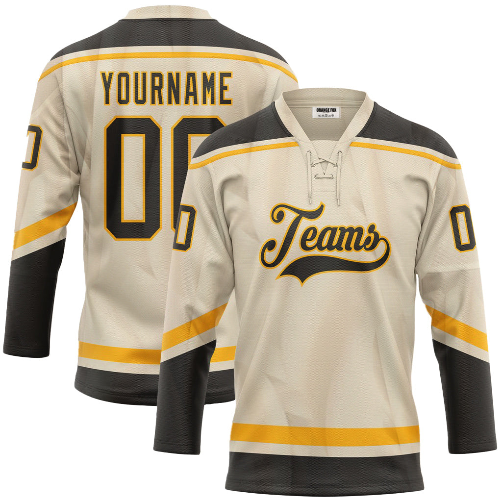 Custom Cream Black-Gold Lace Neck Hockey Jersey For Men & Women