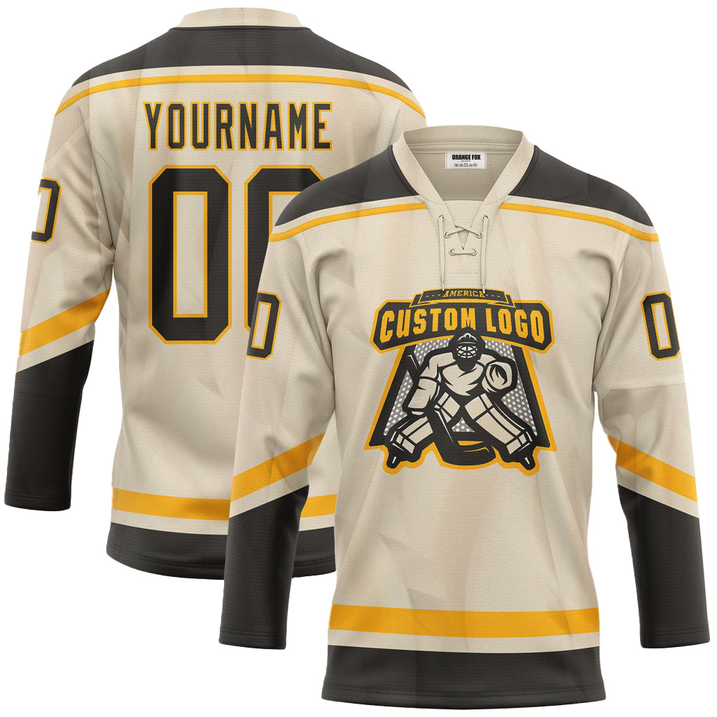 Custom Cream Black-Gold Lace Neck Hockey Jersey For Men & Women