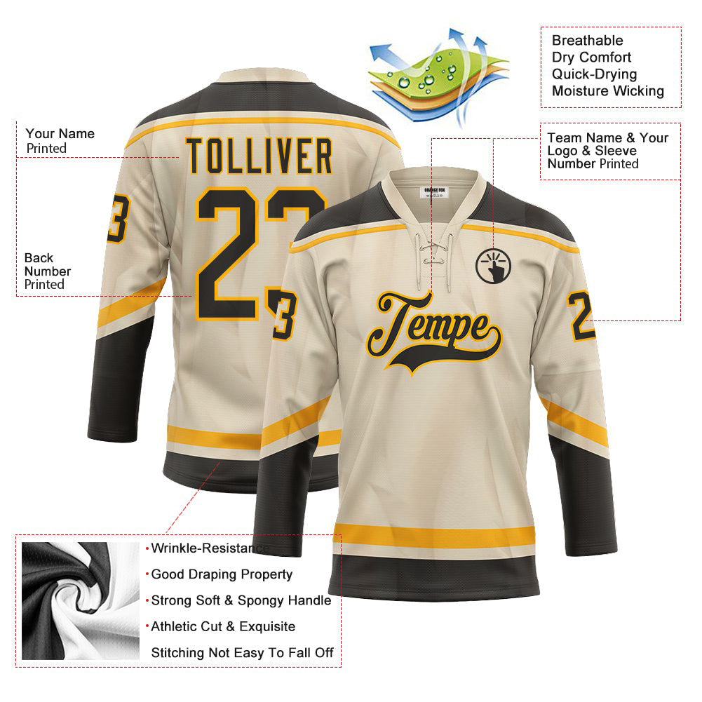 Custom Cream Black-Gold Lace Neck Hockey Jersey For Men & Women