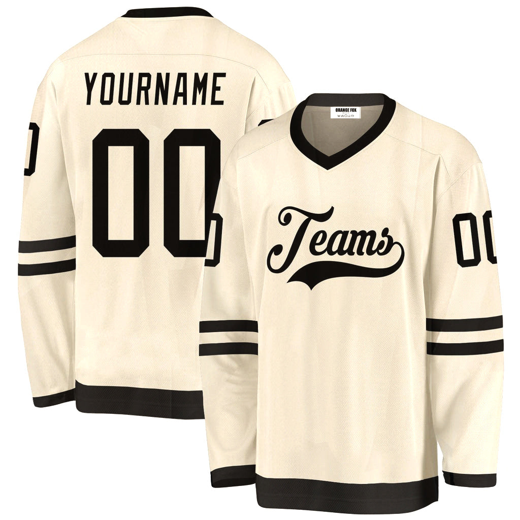 Custom Cream Black V Neck Hockey Jersey For Men & Women