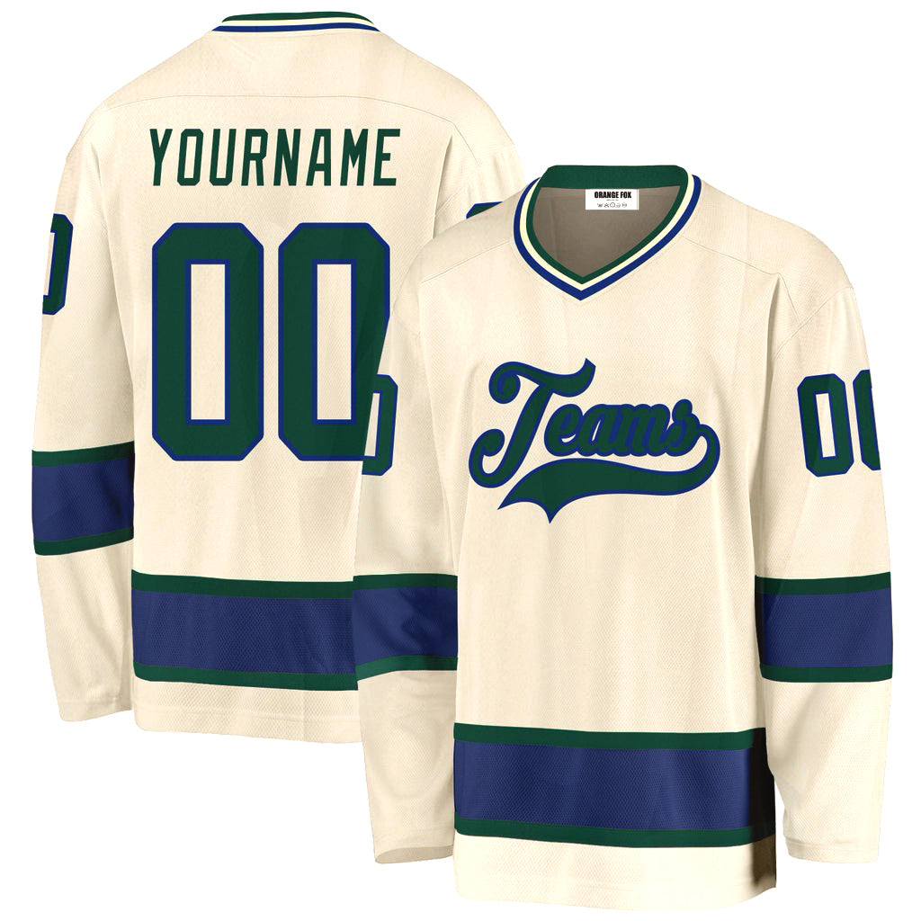 Custom Cream Green-Royal V Neck Hockey Jersey For Men & Women