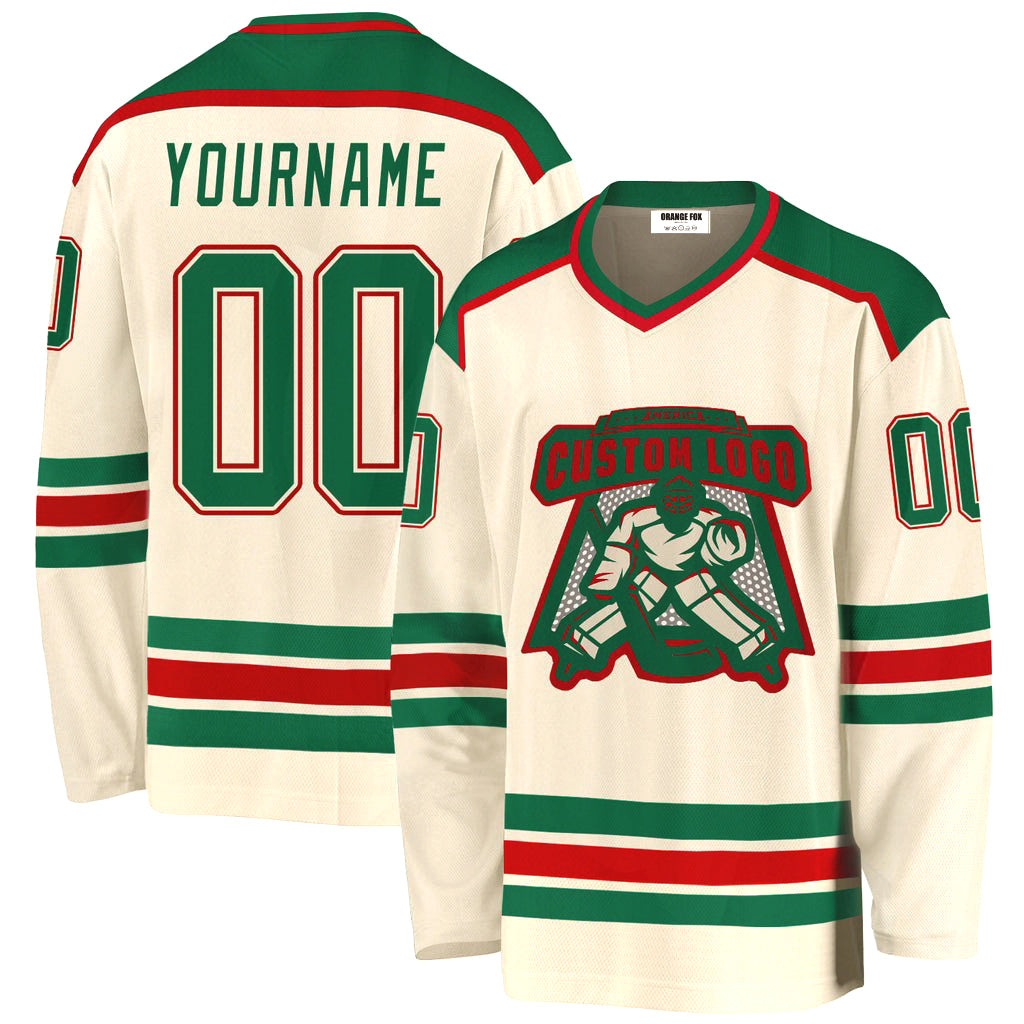 Custom Cream Kelly Green-Red V Neck Hockey Jersey For Men & Women