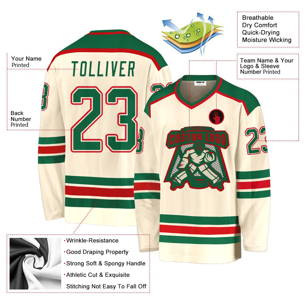 Custom Cream Kelly Green-Red V Neck Hockey Jersey For Men & Women