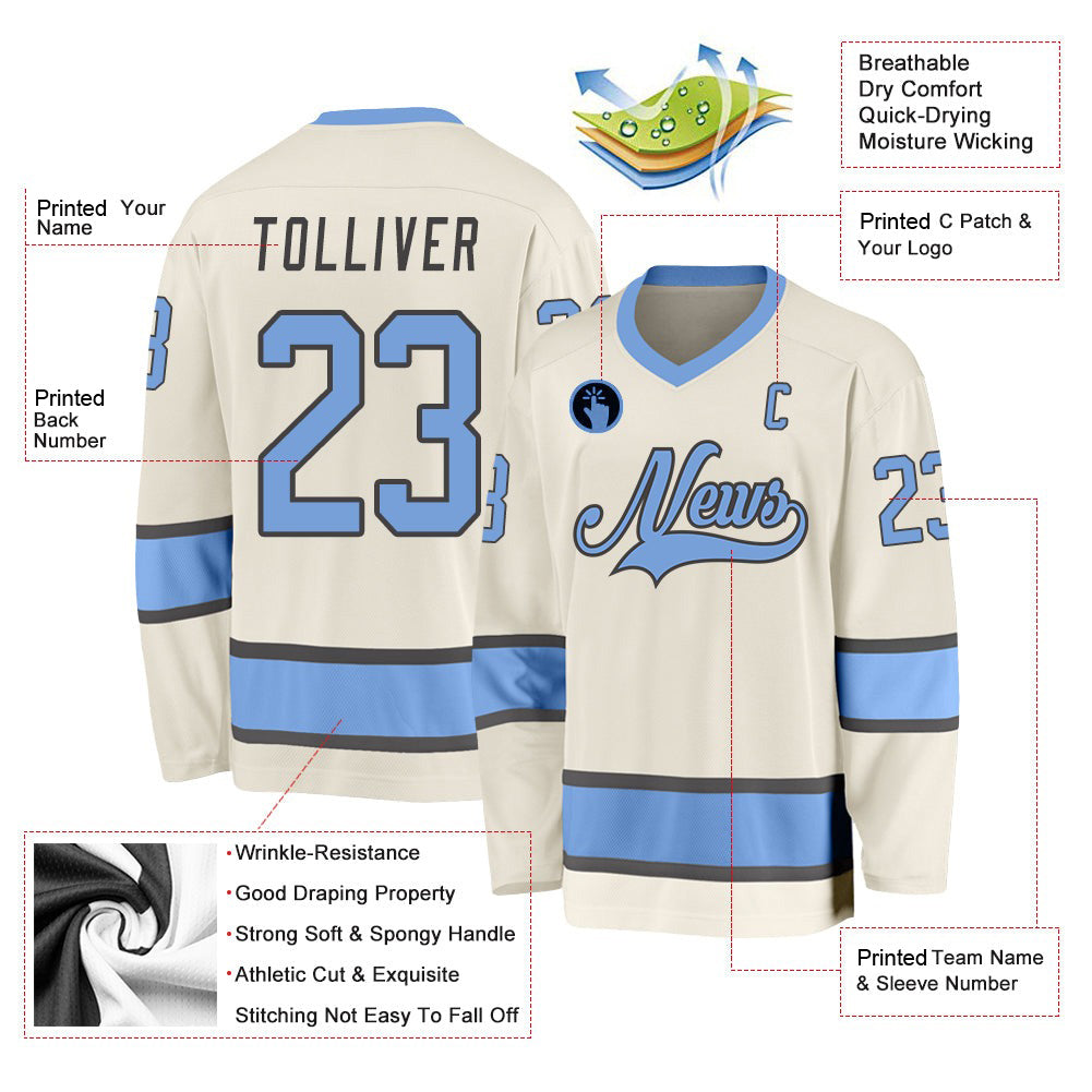 Custom Cream Light Blue-Steel Gray V Neck Hockey Jersey For Men & Women