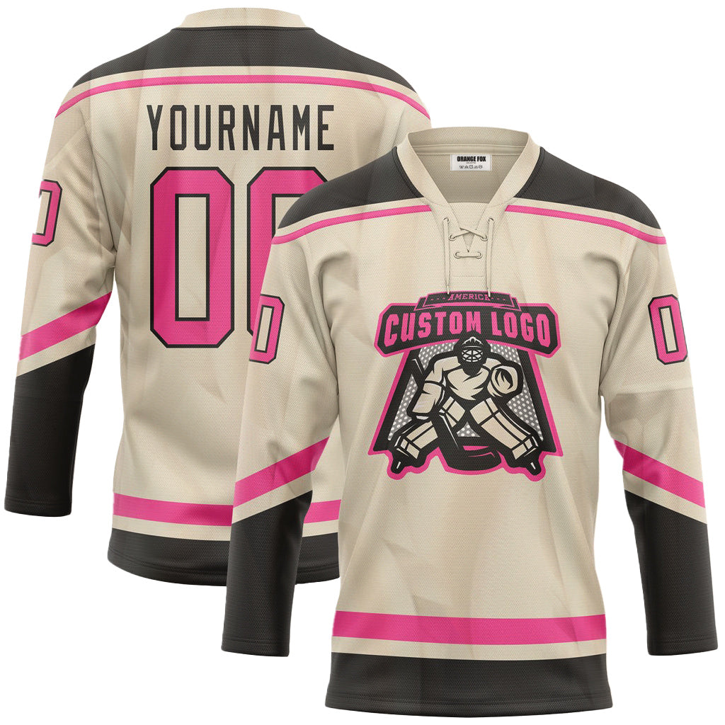 Custom Cream Pink-Black Lace Neck Hockey Jersey For Men & Women