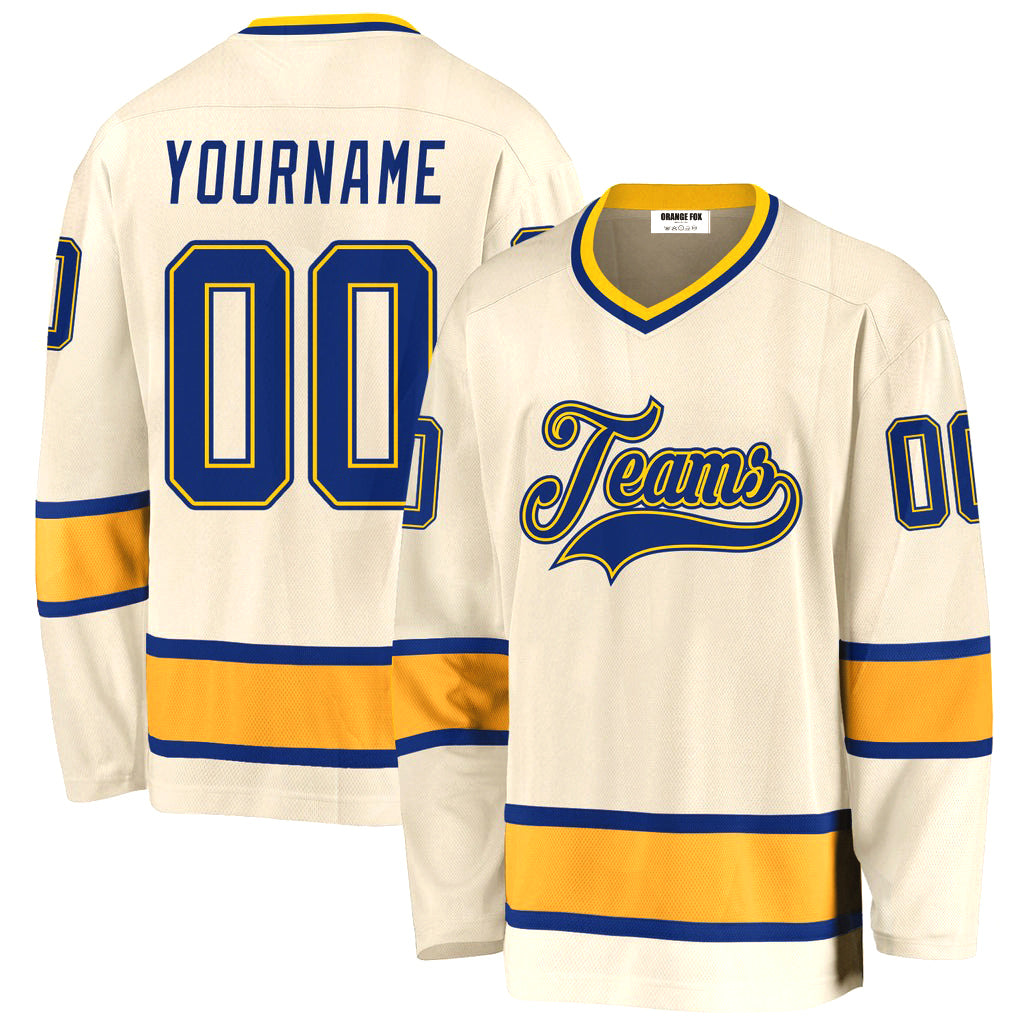 Custom Cream Royal-Gold V Neck Hockey Jersey For Men & Women