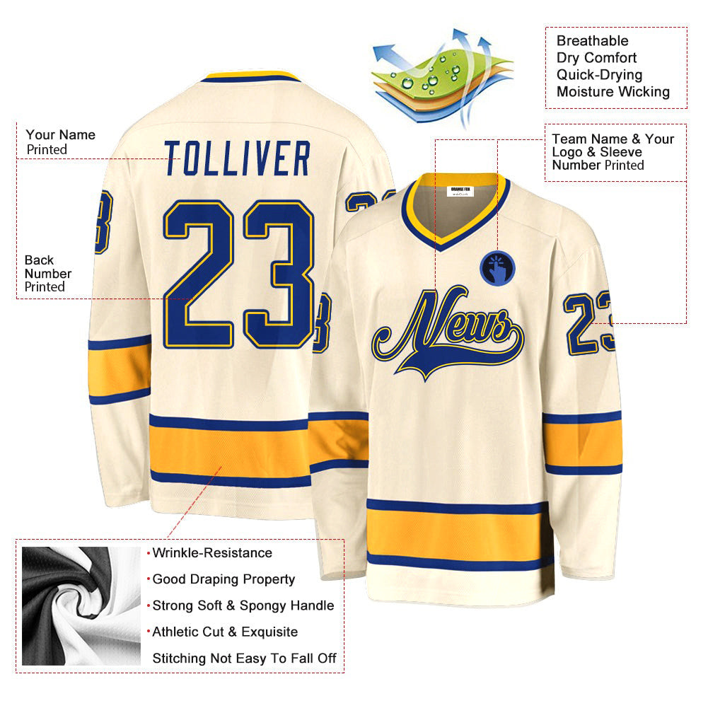 Custom Cream Royal-Gold V Neck Hockey Jersey For Men & Women