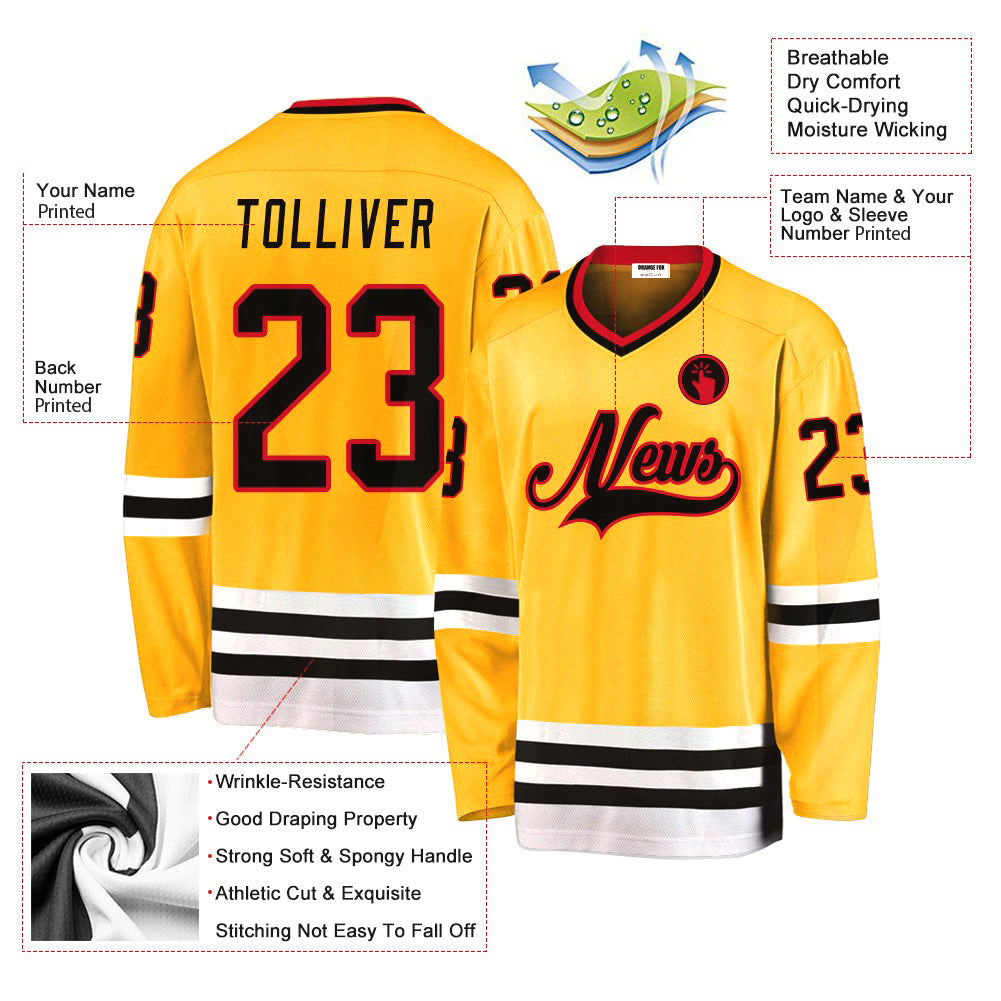 Custom Gold Black-Red V Neck Hockey Jersey For Men & Women