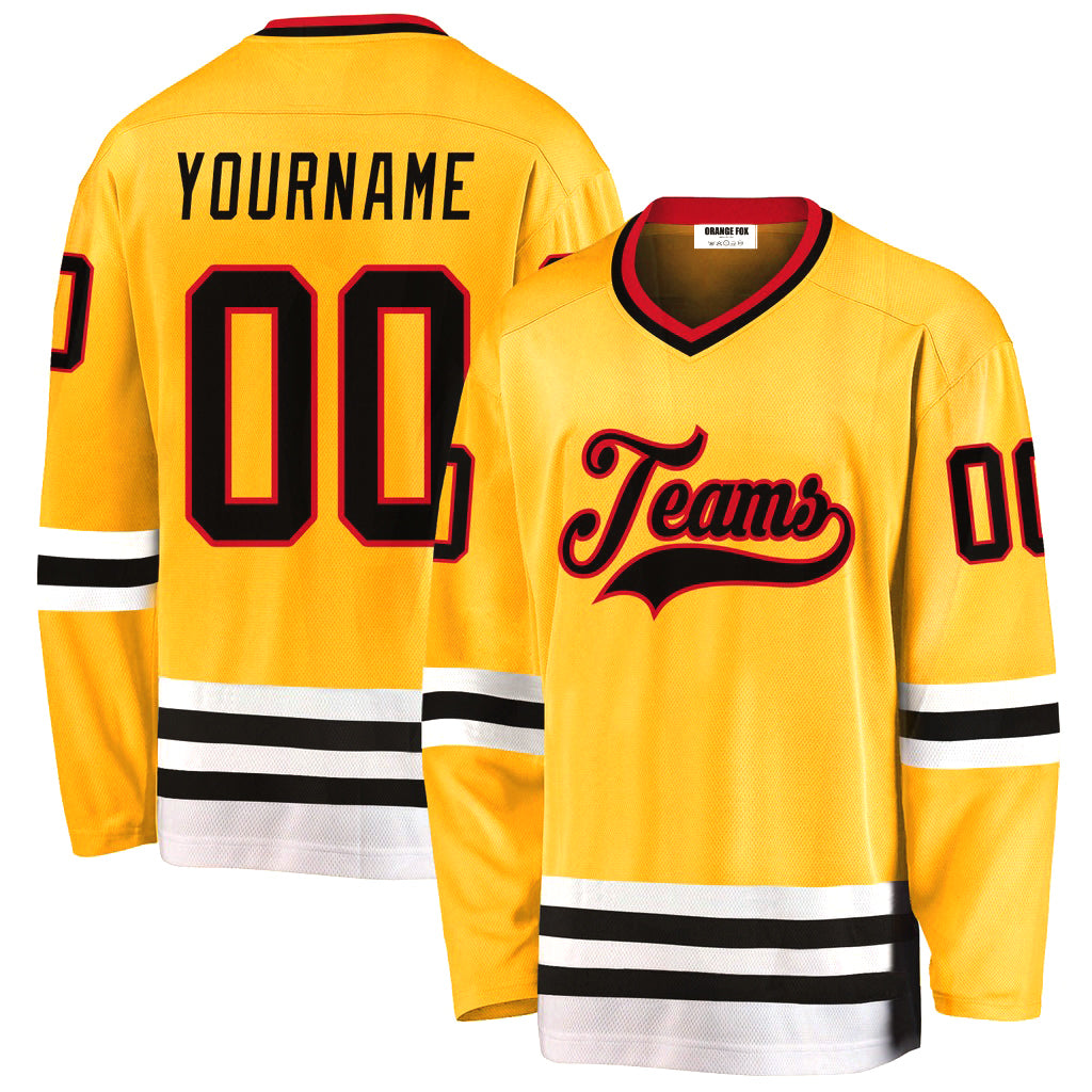 Custom Gold Black-Red V Neck Hockey Jersey For Men & Women