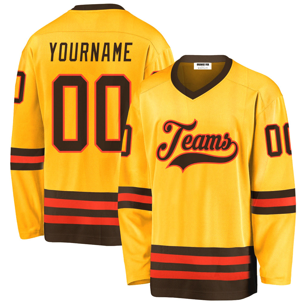 Custom Gold Brown-Orange V Neck Hockey Jersey For Men & Women