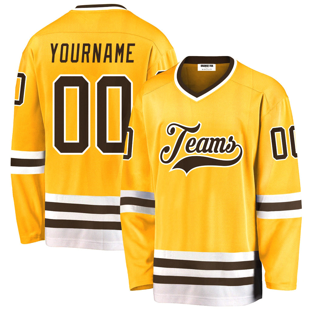 Custom Gold Brown-White V Neck Hockey Jersey For Men & Women