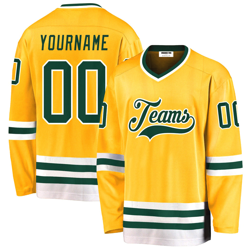 Custom Gold Green-White V Neck Hockey Jersey For Men & Women