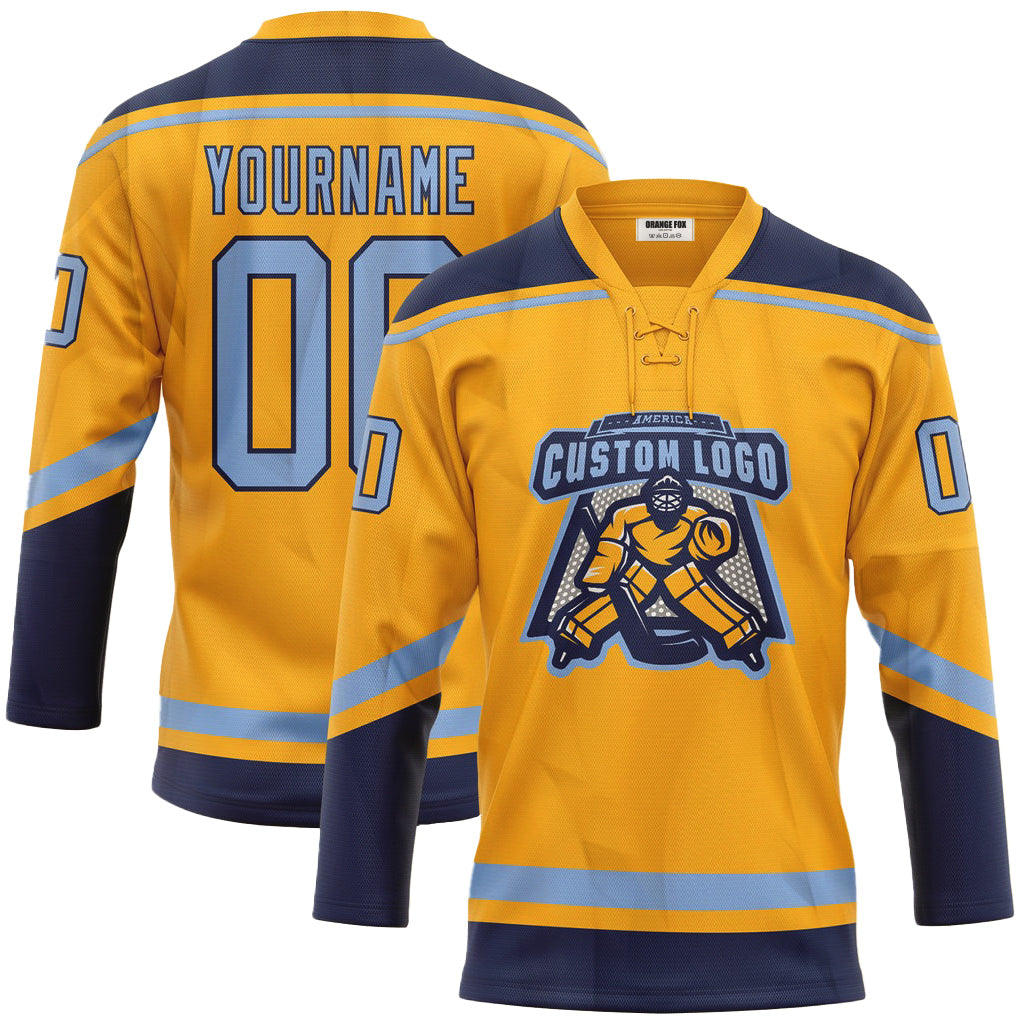 Custom Gold Light Blue-Navy Neck Hockey Jersey For Men & Women