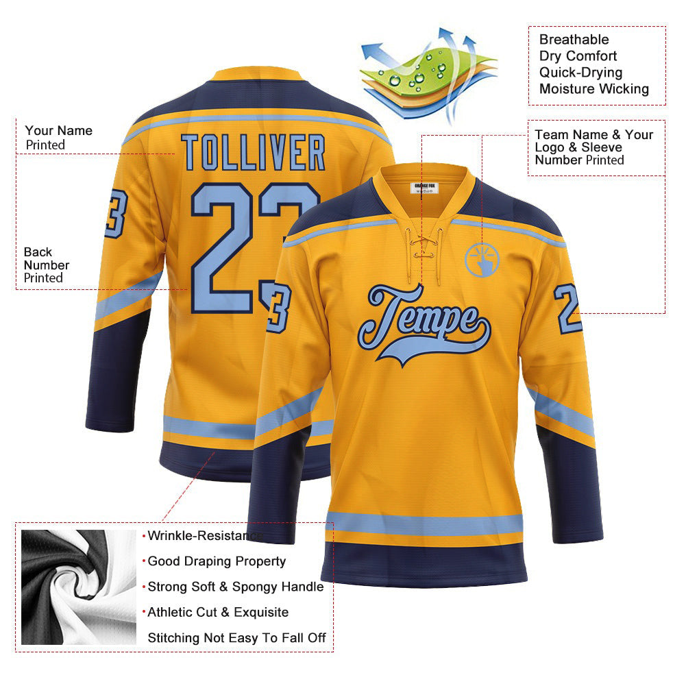 Custom Gold Light Blue-Navy Neck Hockey Jersey For Men & Women