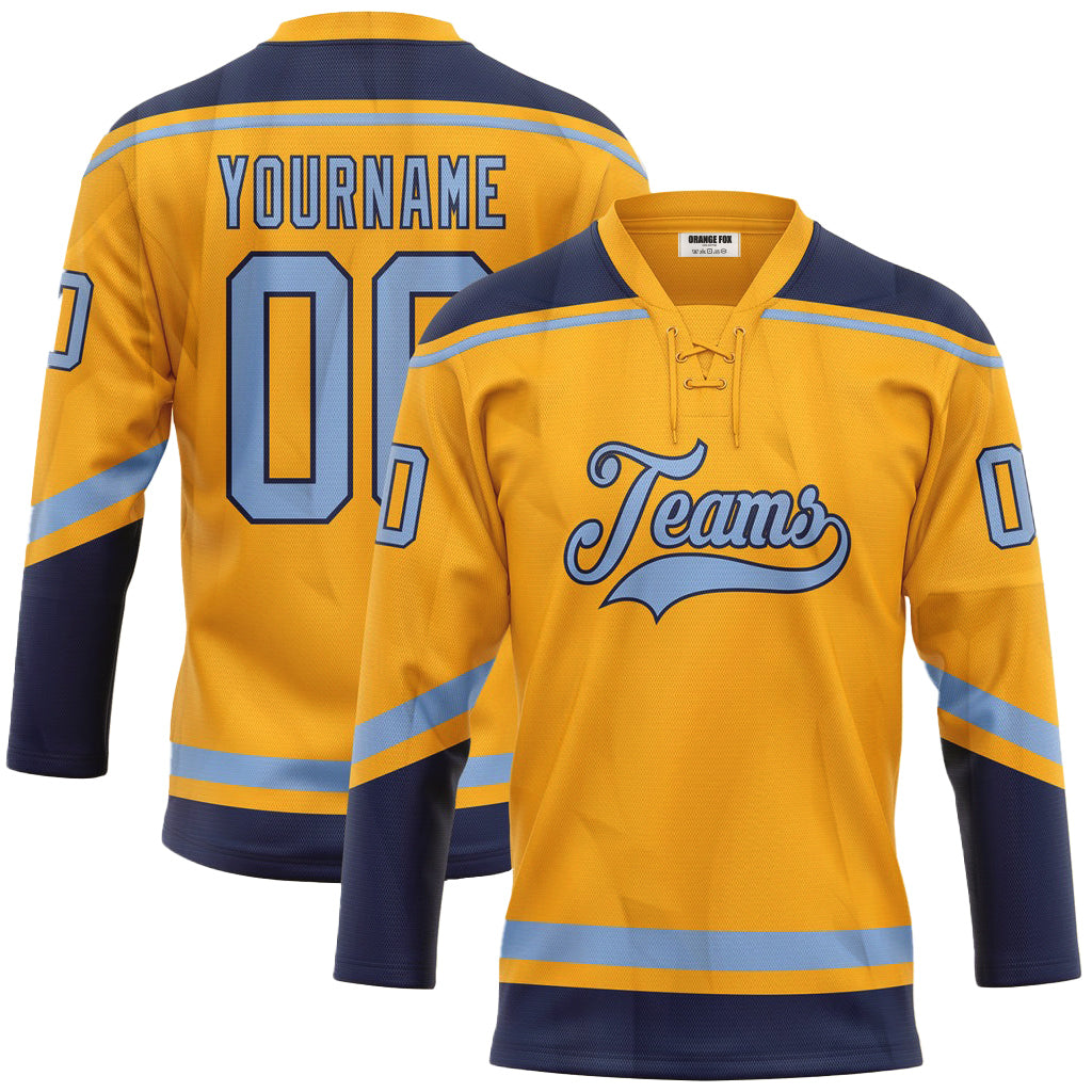 Custom Gold Light Blue-Navy Neck Hockey Jersey For Men & Women