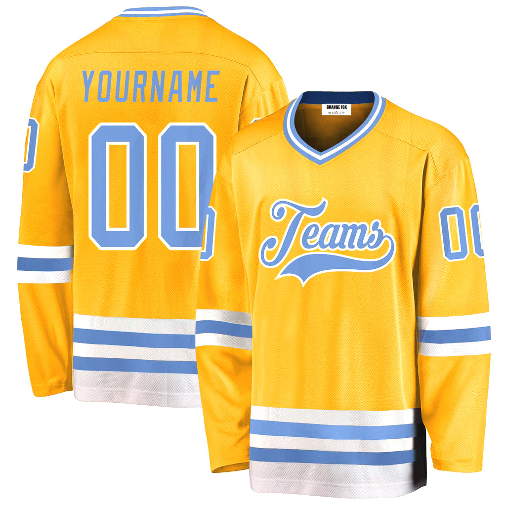 Custom Gold Light Blue-White V Neck Hockey Jersey For Men & Women