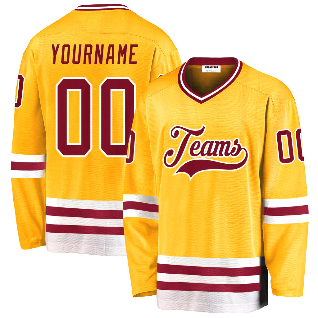 Custom Gold Maroon-White V Neck Hockey Jersey For Men & Women