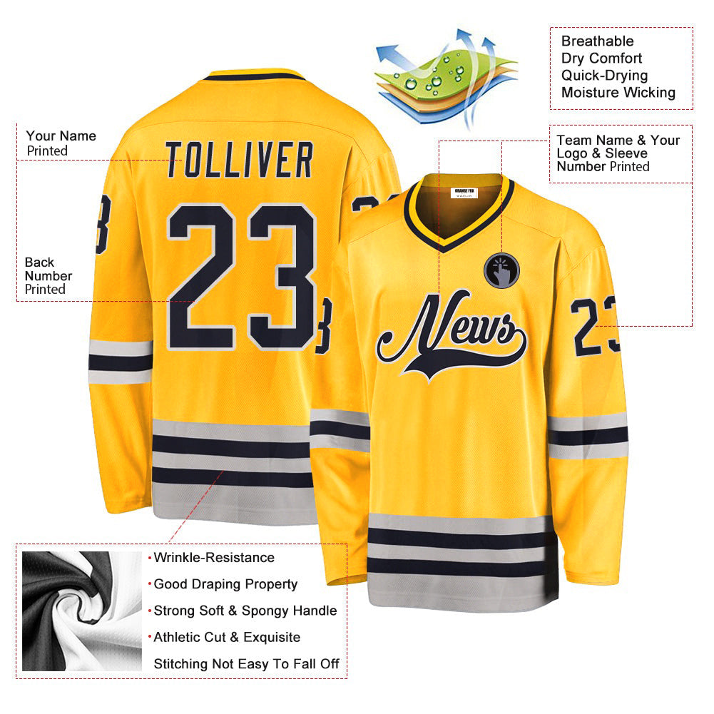 Custom Gold Navy-Gray V Neck Hockey Jersey For Men & Women