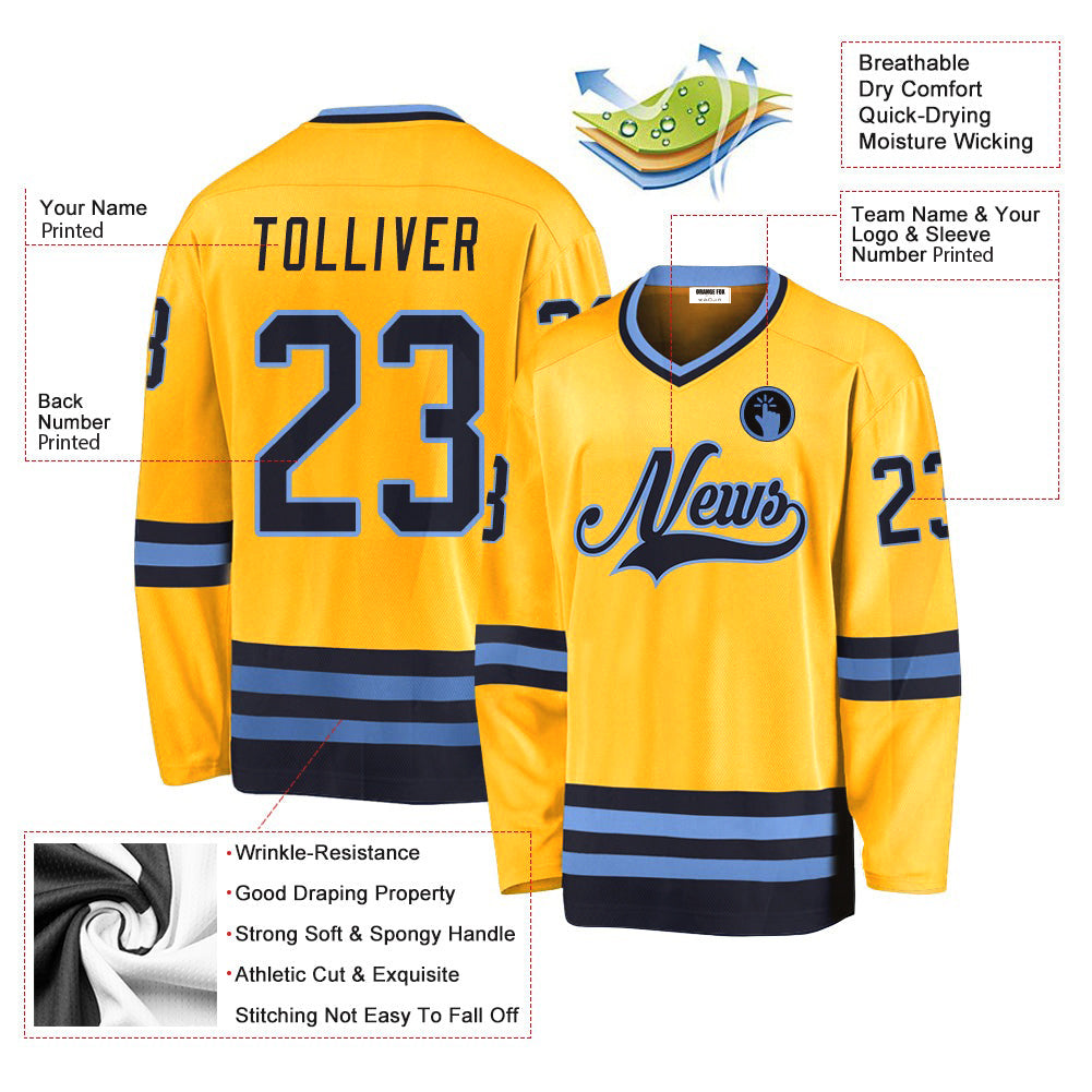 Custom Gold Navy-Light Blue V Neck Hockey Jersey For Men & Women